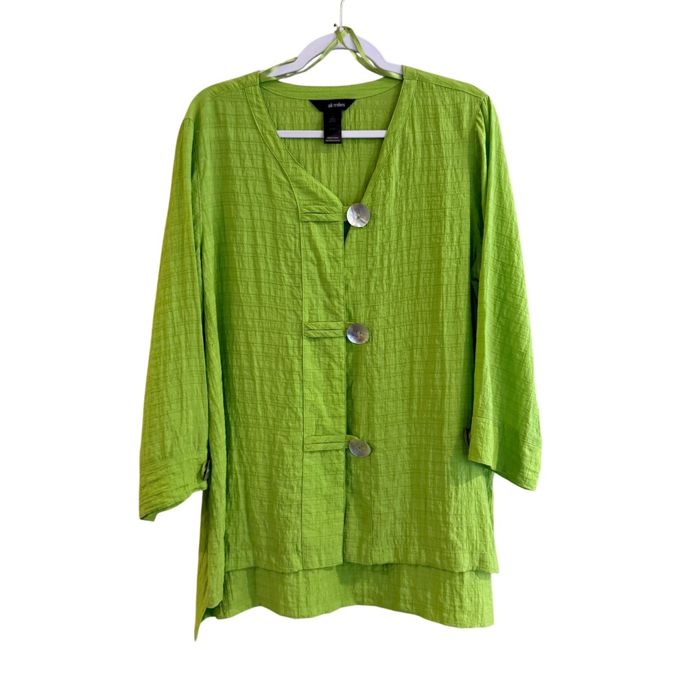 Ali Miles Button Up Tunic Womens Large Lime Green Textured Art To Wear Lagenlook